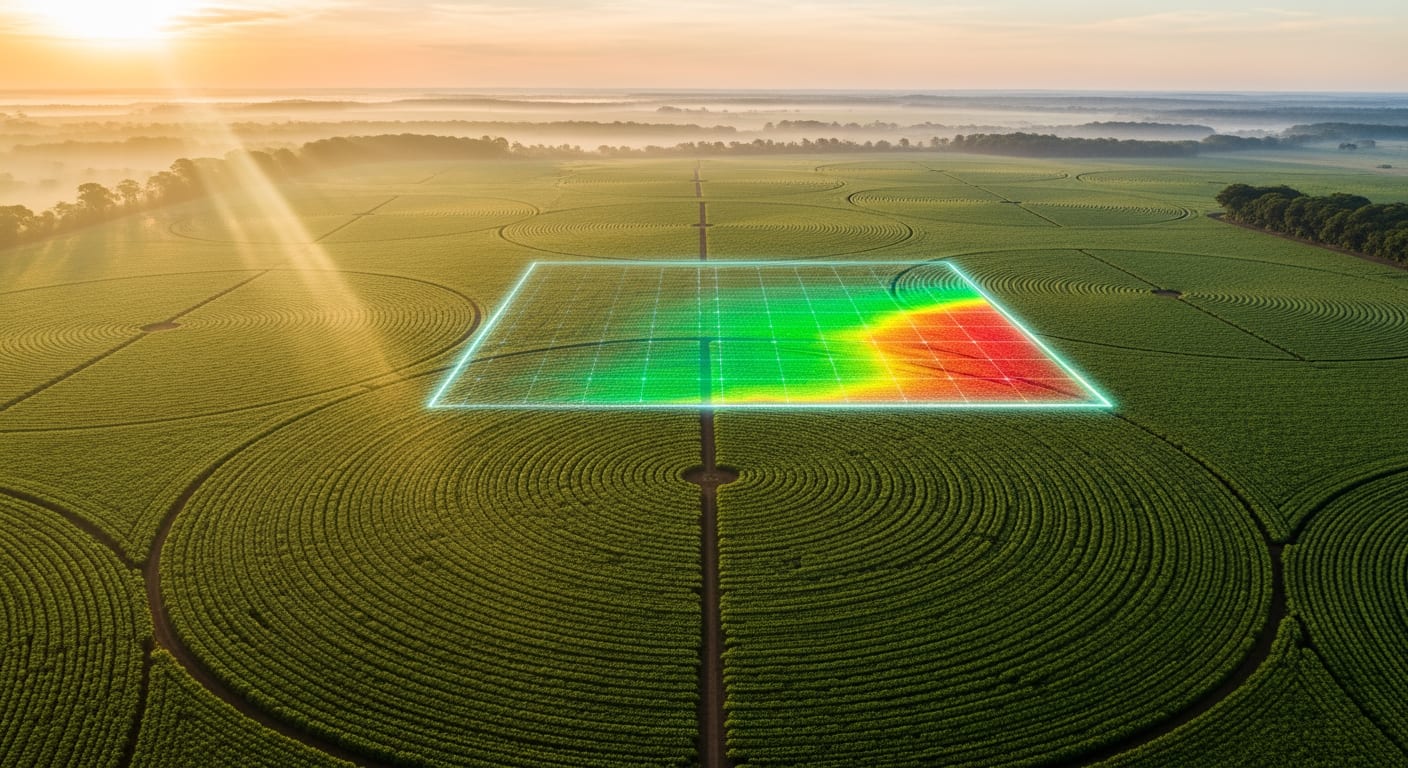Vista aérea de uma paisagem rural brasileira ao amanhecer dourado, com áreas de vegetação em recuperação